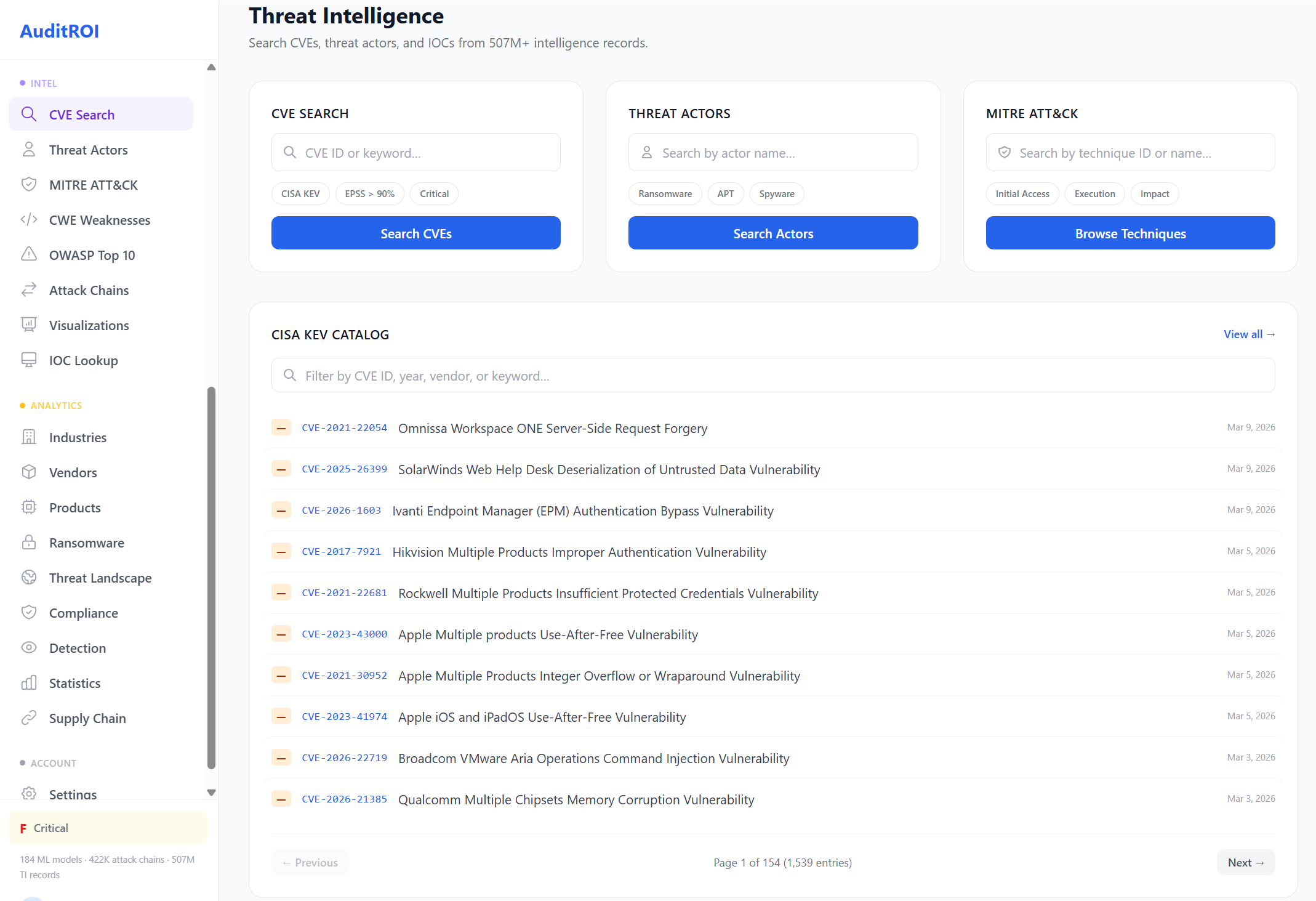 Threat intelligence console with CVE search, threat actor lookup, MITRE ATT&CK browser, and CISA KEV catalog